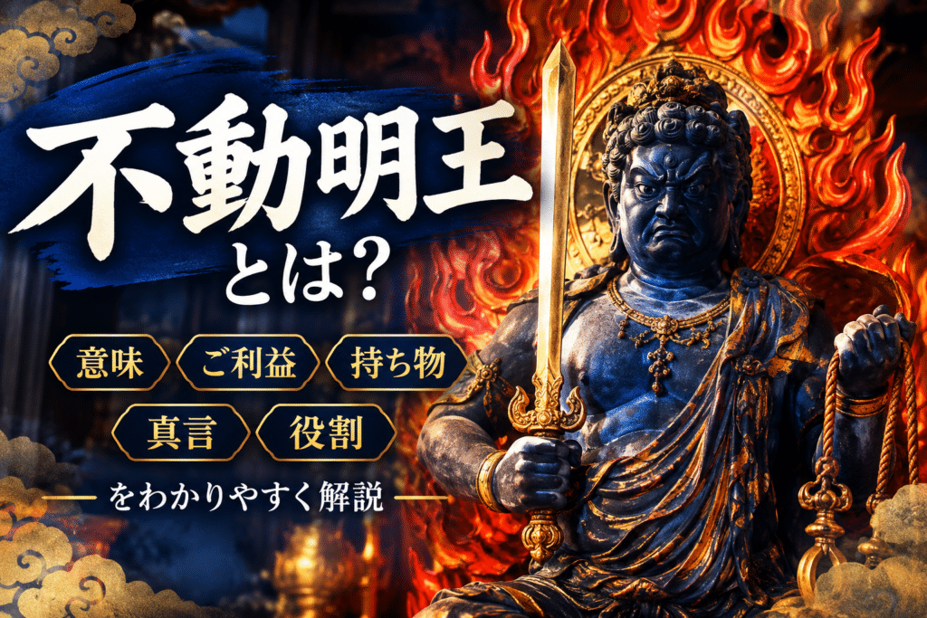 不動明王の迫力ある姿を中心に、剣と羂索、炎の光背を描いたアイキャッチ画像。力強い筆文字で「不動明王とは？」と表示し、「意味・ご利益・持ち物・真言・役割」をわかりやすく紹介する構成。