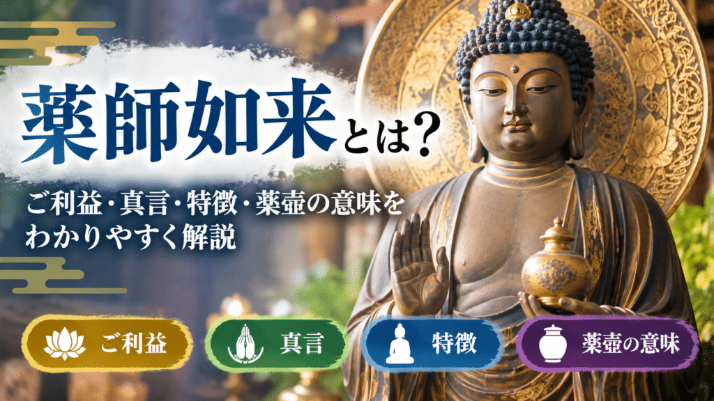 薬師如来とは？ご利益・真言・特徴・薬壺の意味をわかりやすく解説するアイキャッチ画像。薬壺を手にした薬師如来像を中央右に配置し、仏教・寺院をイメージした落ち着いた背景。
