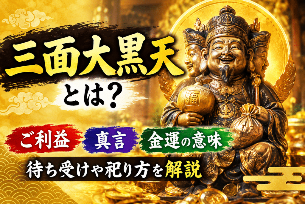 三面大黒天のご利益・真言・金運の意味、待ち受けや祀り方を解説するアイキャッチ画像
