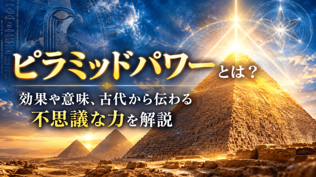 エジプトの砂漠にそびえるピラミッドと光輝く神秘的なエネルギーを描いた画像。「ピラミッドパワーとは？効果や意味、古代から伝わる不思議な力を解説」という文字が入っている