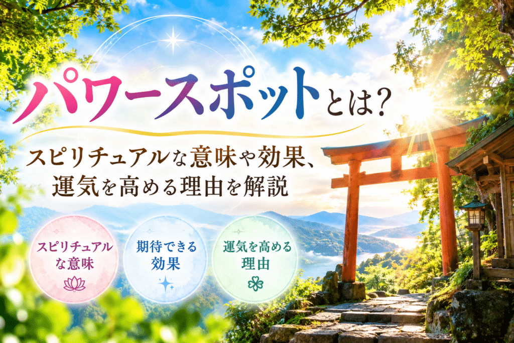 パワースポットとは何かを解説するアイキャッチ画像。木々に囲まれた神社の鳥居と光が差し込む山の風景を背景に、「パワースポットとは？」「スピリチュアルな意味や効果、運気を高める理由を解説」と書かれている。