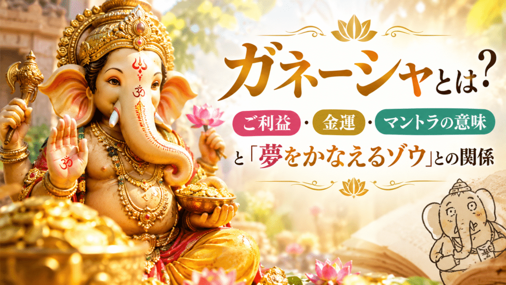 ガネーシャ像と金貨、蓮の花を描いた華やかなアイキャッチ画像。「ガネーシャとは？」をメインに、「ご利益・金運・マントラの意味」と「夢をかなえるゾウ」との関係を紹介している。