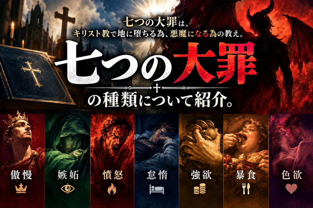 七つの大罪をテーマにしたアイキャッチ画像。キリスト教の教会と十字架、悪魔の姿を背景に、傲慢・嫉妬・憤怒・怠惰・強欲・暴食・色欲の7種類を象徴する人物やアイコンを描いたダークファンタジー風のイラスト。
