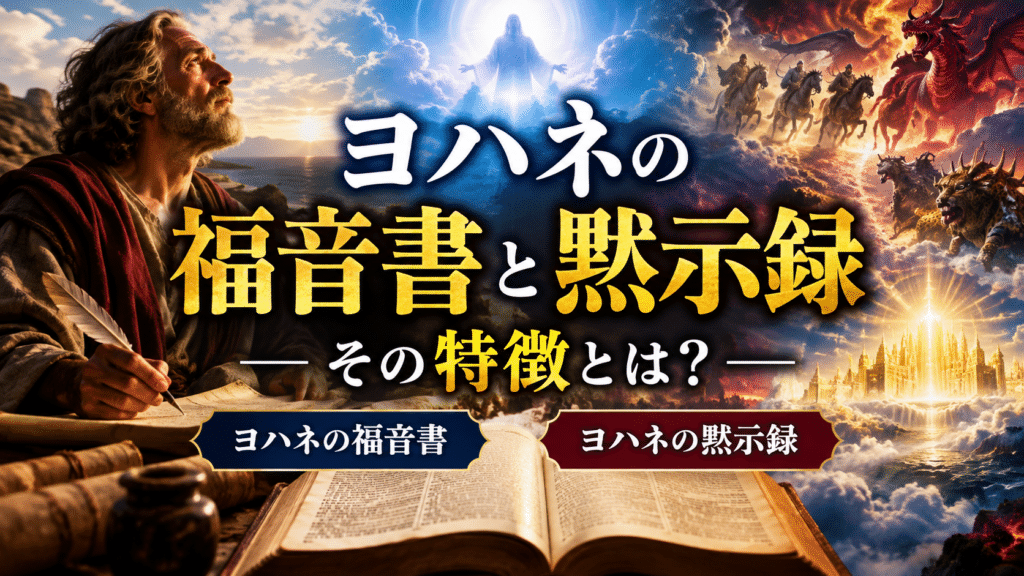 ヨハネの福音書とヨハネの黙示録の特徴を象徴的に描いた、聖書・キリスト教・終末預言をテーマにした荘厳で幻想的なアイキャッチ画像。