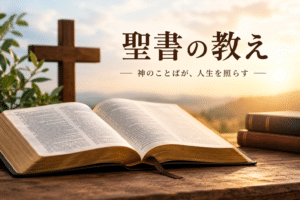 「聖書の教え」をテーマにした、開かれた聖書と十字架、夕日に照らされた穏やかな風景の画像