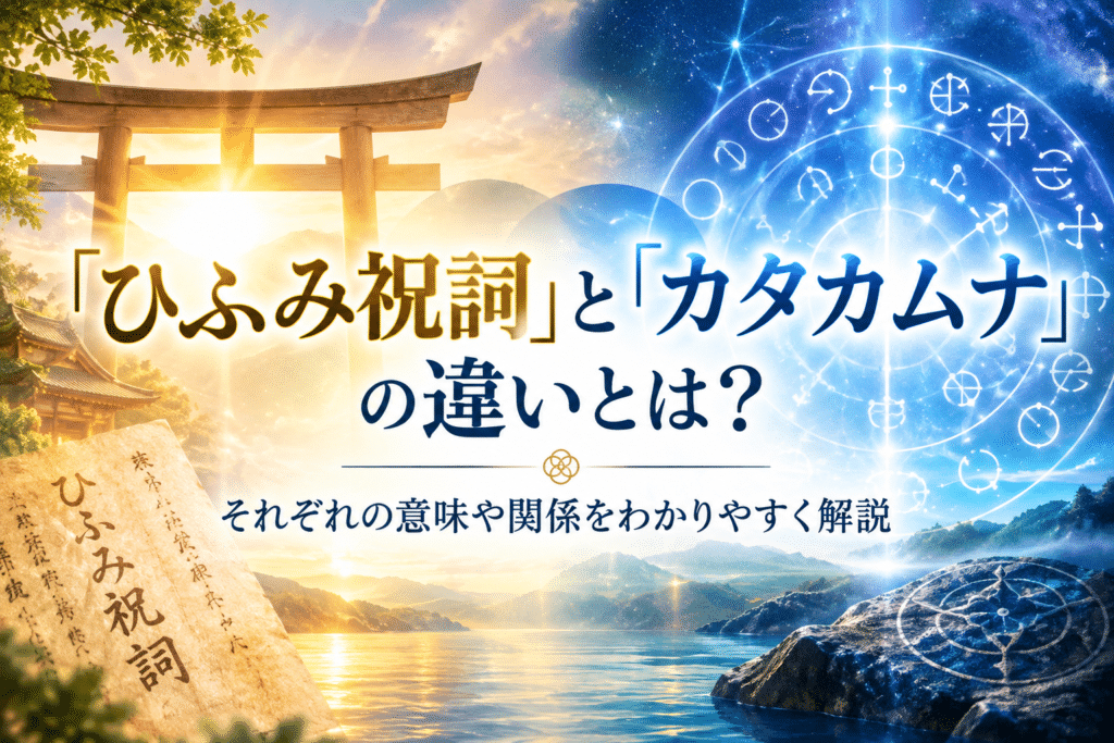 「ひふみ祝詞」と「カタカムナ風の文字」の違いをイメージした神秘的なアイキャッチ画像。左側に神社や鳥居、右側に宇宙やカタカムナを思わせる文字の幾何学模様を配置し、中央に「ひふみ祝詞」と「カタカムナ風」の古代文字が描かれている。