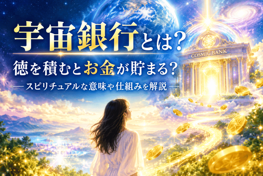 宇宙銀行とは何かをイメージした幻想的な宇宙空間と黄金のコイン、徳を積むことでお金が貯まるというスピリチュアルな考え方を表現した画像