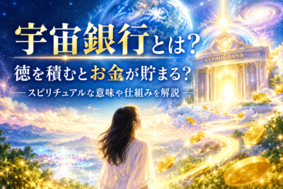 宇宙銀行とは何かをイメージした幻想的な宇宙空間と黄金のコイン、徳を積むことでお金が貯まるというスピリチュアルな考え方を表現した画像