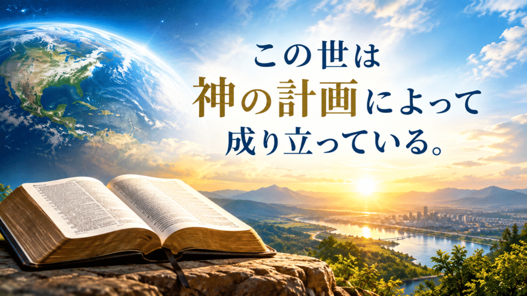 この世は神の計画によって成り立っていることを表現した、聖書と地球・日の出のアイキャッチ画像。