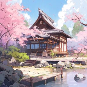 ai generated, anime, building, house, cherry blossoms, sakura, lofi, japanese, scenery, landscape