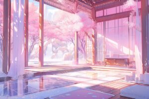 ai generated, japanese house, crystals, sakura tree, japan, snow, lo-fi, youtube background, anime, pink flowers, sakura, blossom, cherry blossoms