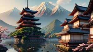 ai generated, mountains, castle, water, feudal, fantasy, japan, background, japan, japan, japan, nature, japan, japan