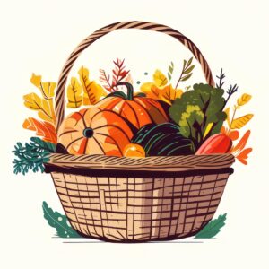 ai generated, vegetables, harvest, fall, basket, pumpkins, vegetable basket, food, digital art