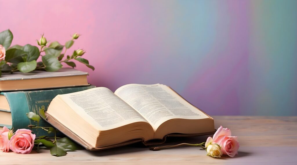 ai generated, book, bible, floral background, vintage, colorful, floral, background