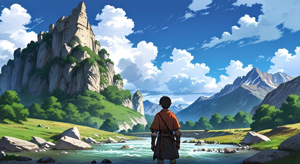 adventure, forest, sky, mountain, cloud, nature, streams, boy, animation, create ai