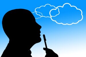 silhouette, man, face, hand, pen, thinking, nature, think, consider, thought bubble, clouds, thinker, wonder