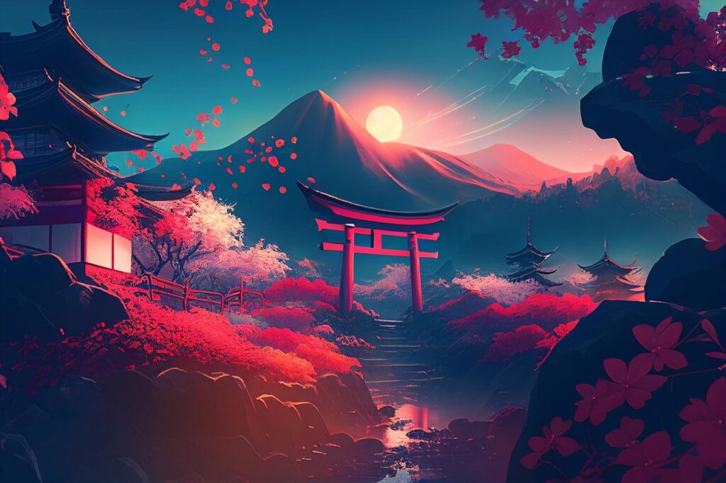 asia, japan, shrine, pagoda, colorful, vintage, mountain, forest, digital art, background, japan, japan, japan, shrine, shrine, shrine, shrine, shrine, pagoda, forest