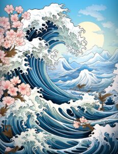 ai generated, flowers, sakura, wave, ukiyo-e, mountain, japan, nature, landscape, asia