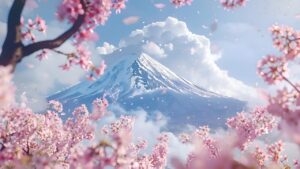 ai generated, mountains, flowers, sakura, spring, mount, fuji, branches, blossoms, bloom, flora, branch, cherry, japan