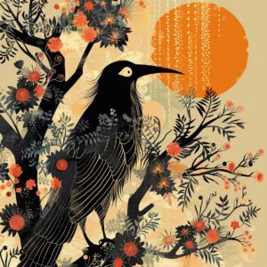 ai generated, raven, japanese, art, flowers, nature, simple