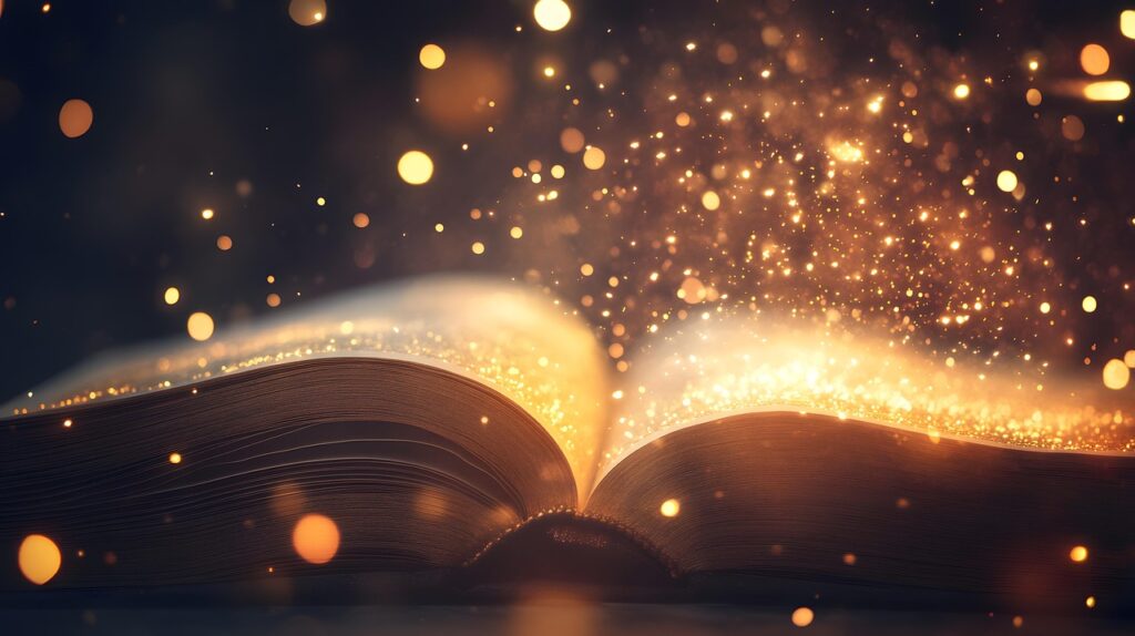 ai generated, magic book, light, magic, magical world, knowledge, mystery, imagination, fairy tale, light and shadow, sparkle, book, magic story, enchanting, literature, magical elements, fantasy