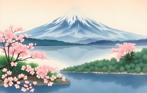 mount fuji, japan, nature, mountain, volcano, travel, tourism, exploration, lake, snow, scenic, landmark, snowcap, cherry blossoms, sakura, spring, pink, painting, watercolor, landscape, copy space, greeting card