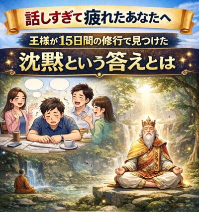 話しすぎて疲れたあなたへ。王様が15日間の修行で見つけた沈黙という答えとは。成功マインドを育てる瞑想シーン 潜在意識を書き換えるイメージビジュアル 前向きな人生を象徴する希望の光