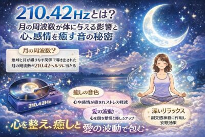 210.42Hz　月の周波数が体に与える影響と心、感情を癒す音の秘密　210.42Hzの周波数エネルギーを表現した光の波動アート 音の振動が広がるヒーリング空間 集中力を高める周波数イメージ 癒しの周波数が体を包む幻想的な光 ソルフェジオ周波数の調和を象徴するビジュアル
