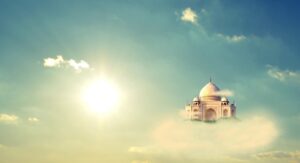 castle, castle in the air, heaven, clouds, sun, nature, flying