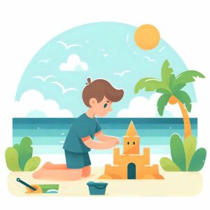 ai generated, boy, sand castle, beach, summer, sun, sea, sand, sculpture, nature, creation, holiday, vacation