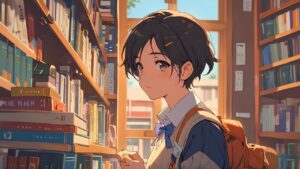 ai generated, library, school, student, female student, study, book, bookstore, anime