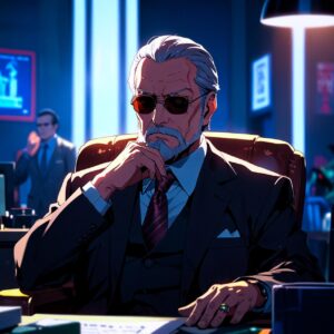 ai generated, mafia, boss, yakuza, intimidation, crime, criminal, killer, suspense, organized crime, villain, gang, office, anti-social, military force, anime, digital art