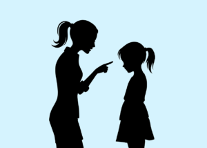 parenting, discipline, silhouette, guidance, teaching, adult, child, parent, scolding, reprimand, pointing, sad, upset, family, mother, daughter, light blue, conflict, negative emotion