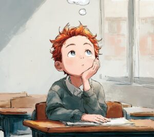 boy, student, thinking, thought, bubble, school, classroom, desk, dreaming, education, learning, studying, pupil, child, kid, knowledge, idea, imagination, creative, daydreaming, inspiration, cartoon, art, drawing, ai generated