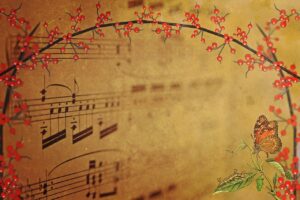 stationery, floral background, texture, paper, notenblatt, sheet music, background, letter, writing, blossoms, flora, decor, antique, flowering twig branch, butterfly, insect border, old, floral, greeting card, vintage, text, write, music, flower arch, bow, caterpillar