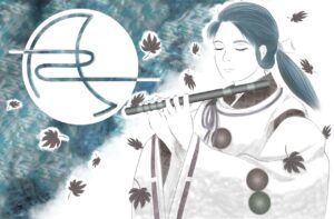 boy, japanese, whistle, music, moon, fallen leaves, kimono, have, if you close your eyes, autumn, mid-autumn harvest moon, instrument, chinese characters, asia, folk costumes, wind, night, male, the upper body, dark, cool color system, background, wallpaper, ponytail, concentrated
