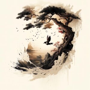 ai generated, tree, bird, nature, spring, perched, japan, landscape