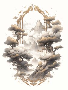 ai generated, japan, nature, ukiyo-e, mountain, asia, cloud, tree, landscape, sky