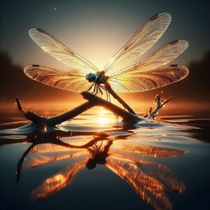 ai generated, dragonfly, insect, sunset, macro, animal, nature, still life, water, early evening, lake