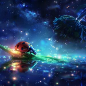 ladybug, insect, stars, light, nature, flower, reflection, generated