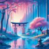 ai generated, trees, torii, japan, fictional, pink, blue, blush, water, bridge, river, path, forest, structure, scenery, nature, landscape