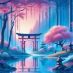ai generated, trees, torii, japan, fictional, pink, blue, blush, water, bridge, river, path, forest, structure, scenery, nature, landscape