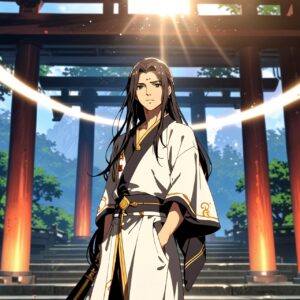 ai generated, man, temple, halo, japan, mythology, kojiki, holy, nihon shoki, god, religion, shinto, blue sky, ancient, black hair, kimono, shrine, izanagi, torii, anime, digital art