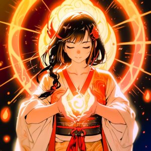 ai generated, anime, woman, fantasy, mystic, magic, halo, japan, mythology, holy, japanese, god, religion, shinto, ancient, kimono, luxury, natural, beauty, sun god, sun