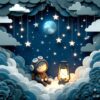 dream, night, boy, cartoon, night star, nature, moon, paper art, clouds, flashlight, children, art, digital art
