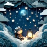 dream, night, boy, cartoon, night star, nature, moon, paper art, clouds, flashlight, children, art, digital art