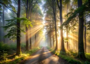 ai generated, forest, trail, sunrays, nature, trees, landscape, woods