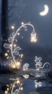 mice, mouse, lantern, night, cartoon, cute, animal, light, stars, moon, water, reflection, whimsical, fantasy, dream, outdoors, spark, magic, tail, nature, small, rodent, wildlife, fairytale, ai generated