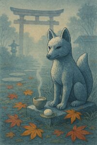 fox, shrine, torii, autumn, maple leaves, japan, spirituality, tranquility, offering, tea, rice, mist, nature, serenity, mythology, symbolism, calm, sacred, peace, folklore, tradition, fall, stillness, devotion, ai generated