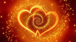 hearts, glowing, golden, fiery, love, spiraling, particles, abstract, digital, romance, vibrant, cosmic, energy, connection, endless, shimmering, warmth, light, fusion, magical, ai generated